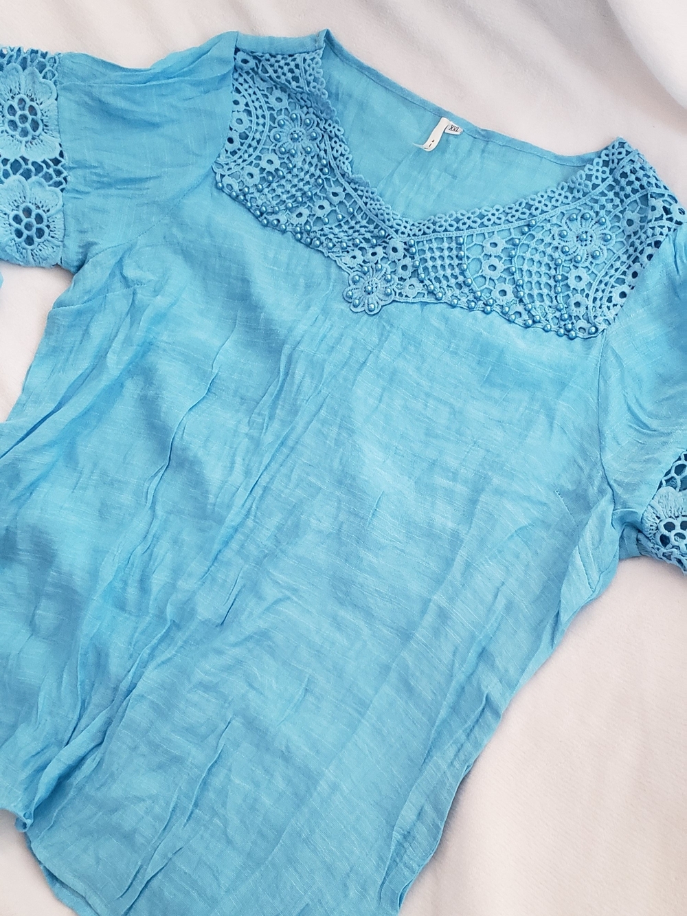 iRE Fashion Sky Blue Crochet Yoke Short Sleeve Blouse